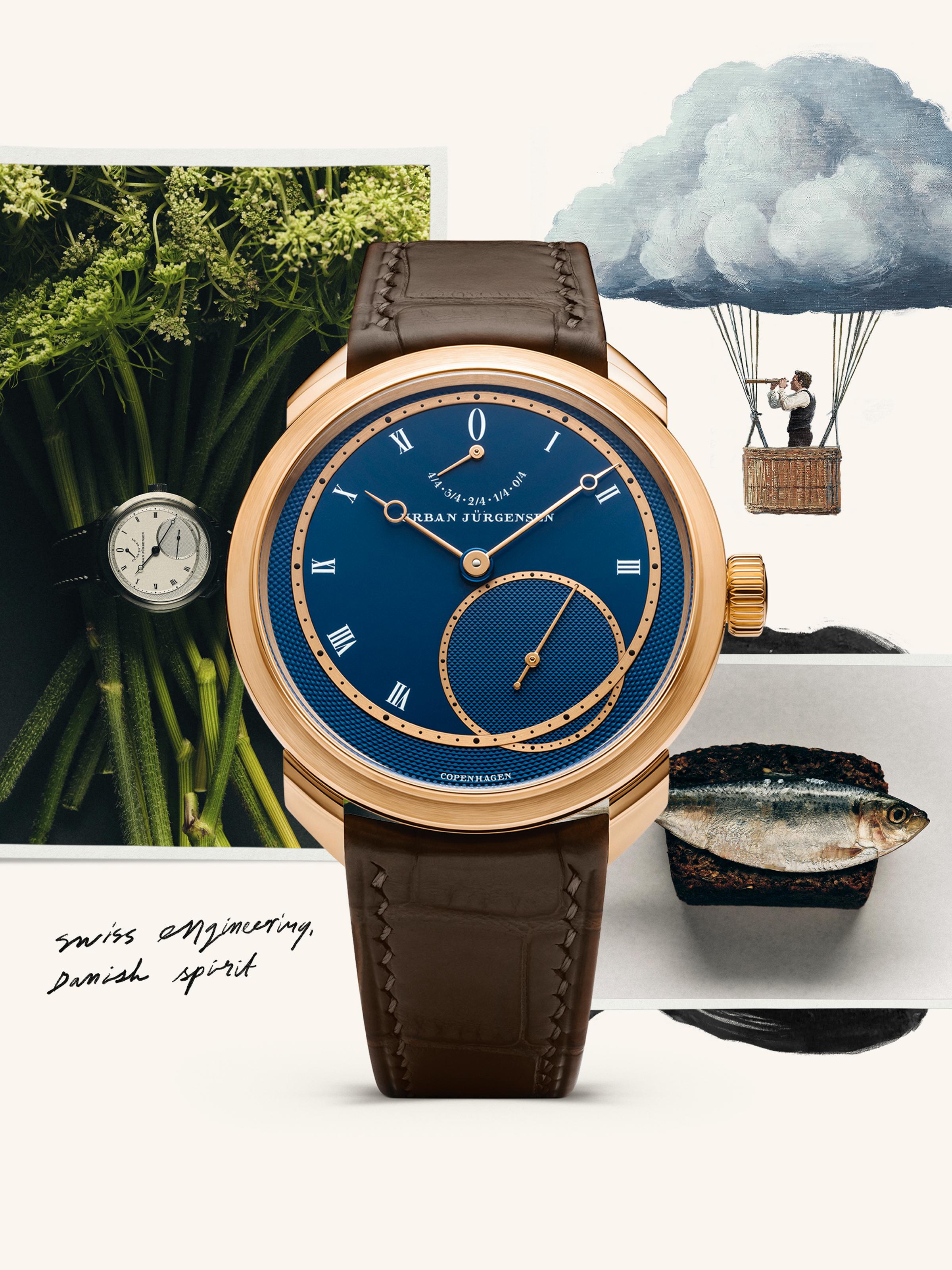 Urban Jürgensen rose gold watch with blue dial and brown leather strap, centered in a whimsical collage featuring vegetables, a watch in greenery, a fish, a hot air balloon, and handwritten text.