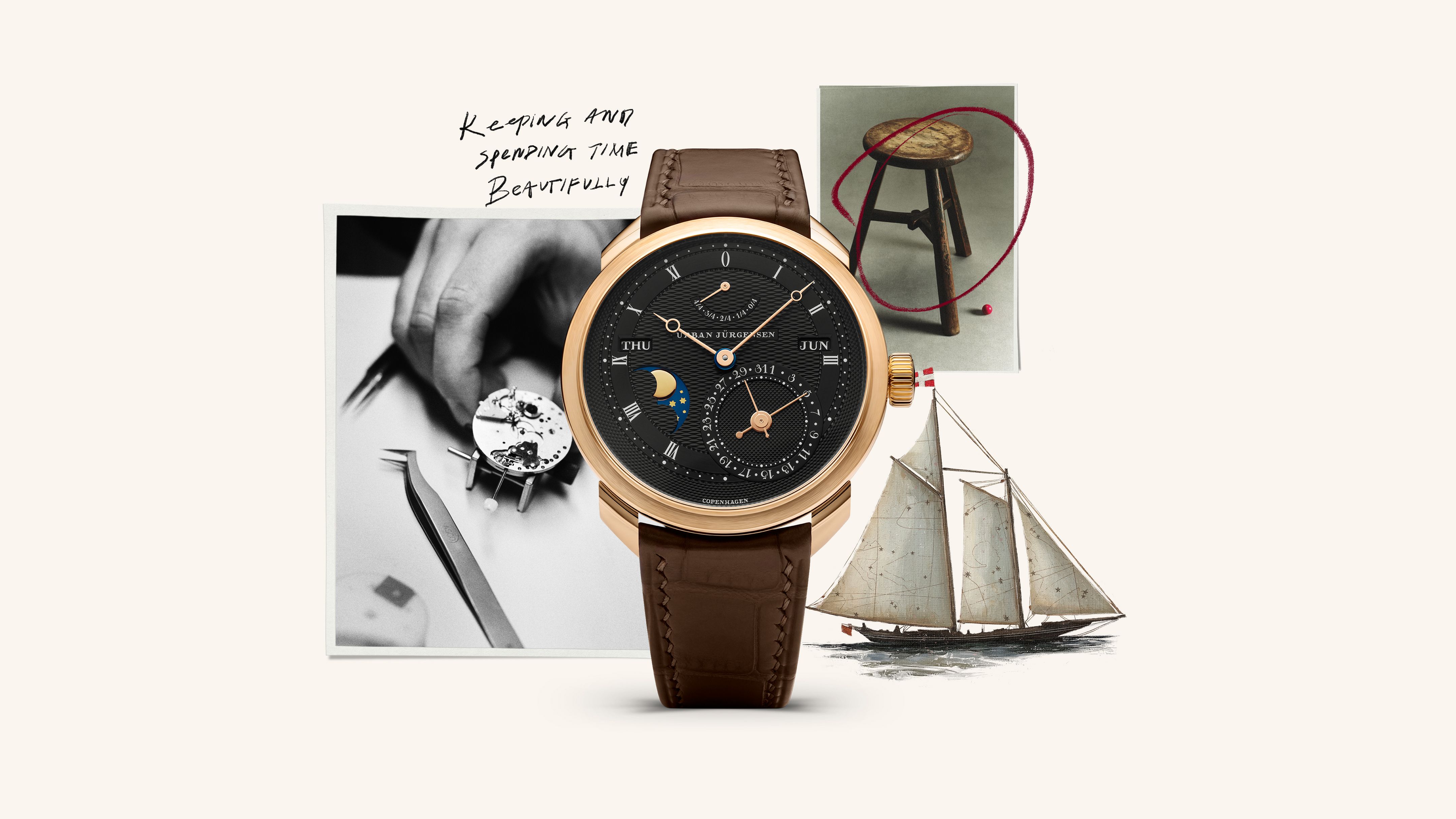 Urban Jürgensen rose gold wristwatch with black dial, moonphase, calendar complications, and brown leather strap, centered in a collage with nautical and horological elements including a sailboat, watchmaker's hands, and a wooden stool.