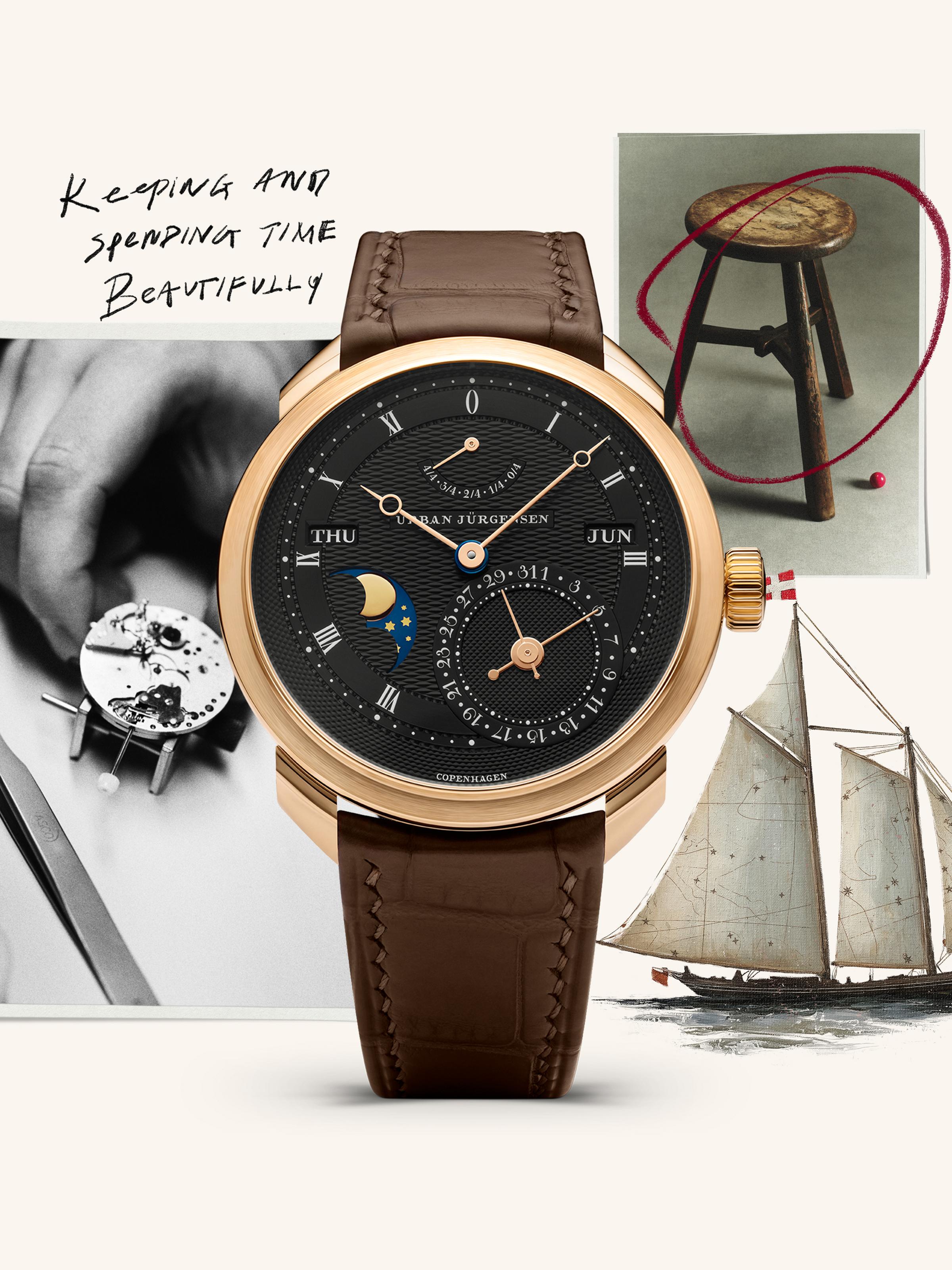 Urban Jürgensen rose gold wristwatch with black dial, moonphase, calendar complications, and brown leather strap, centered in a collage with nautical and horological elements including a sailboat, watchmaker's hands, and a wooden stool.