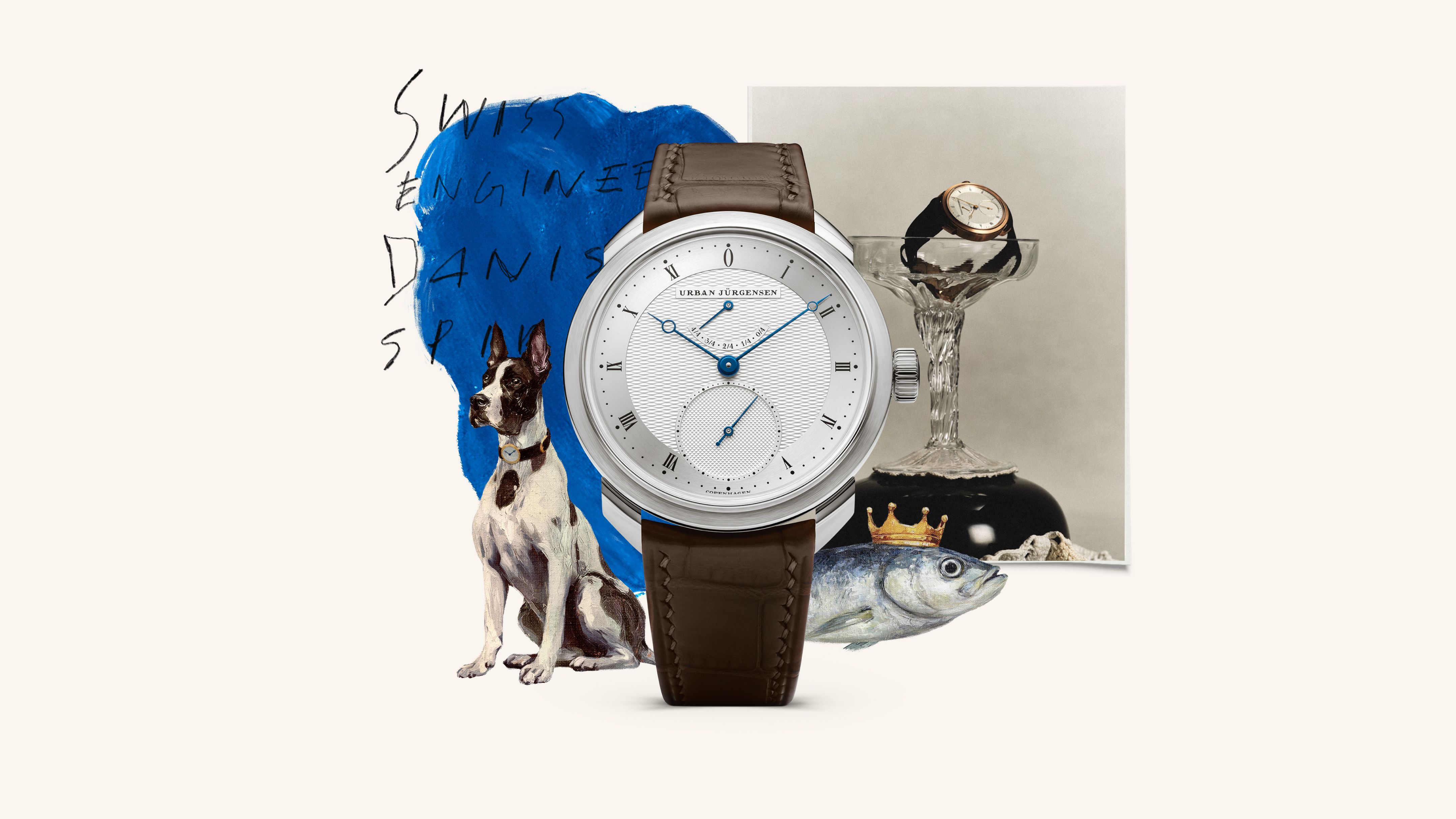 Urban Jürgensen wristwatch with silver dial and brown leather strap placed in a surreal collage featuring a dog, a fish with a crown, handwritten text, and a vintage photo of a watch in a glass.